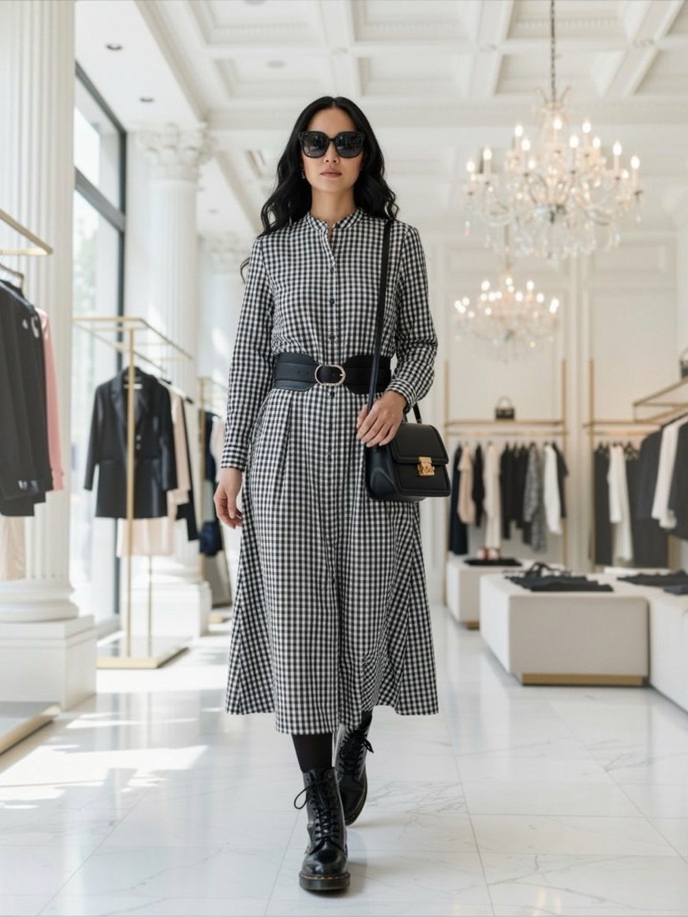 Zanzea Black and White Gingham Plaid Long Sleeve Midi Dress Size XXL